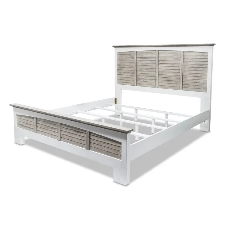 Gray Carved Geometric Distressed Solid Wood King Bed Frame