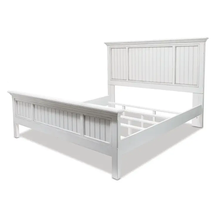 White Carved Geometric Distressed Solid Wood Queen Bed Frame