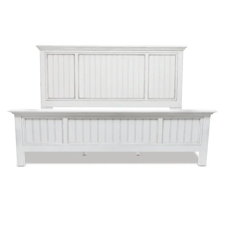 White Carved Geometric Distressed Solid Wood Queen Bed Frame