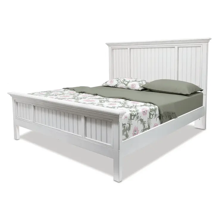 White Carved Geometric Distressed Solid Wood Queen Bed Frame