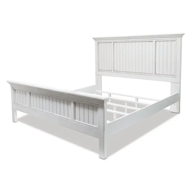 White Carved Geometric Distressed Solid Wood King Bed Frame