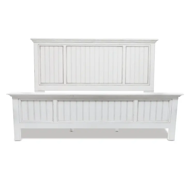 White Carved Geometric Distressed Solid Wood King Bed Frame