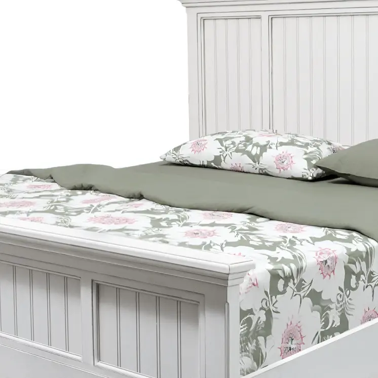 White Carved Geometric Distressed Solid Wood King Bed Frame