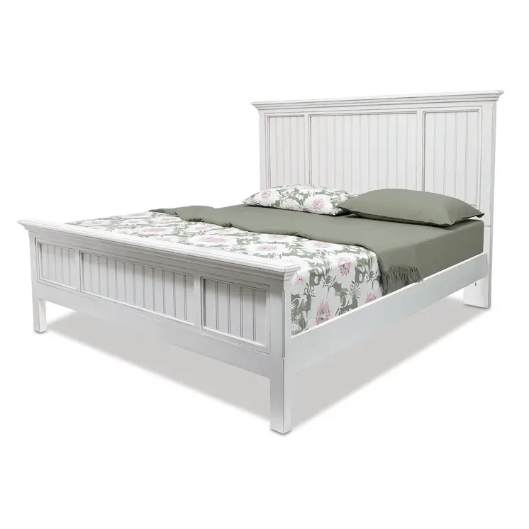 White Carved Geometric Distressed Solid Wood King Bed Frame