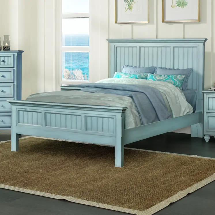 Aqua Blue Ribbed Texture Distressed Solid Wood Queen Bed Frame