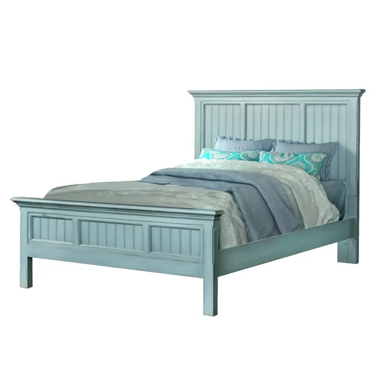 Aqua Blue Ribbed Texture Distressed Solid Wood Queen Bed Frame