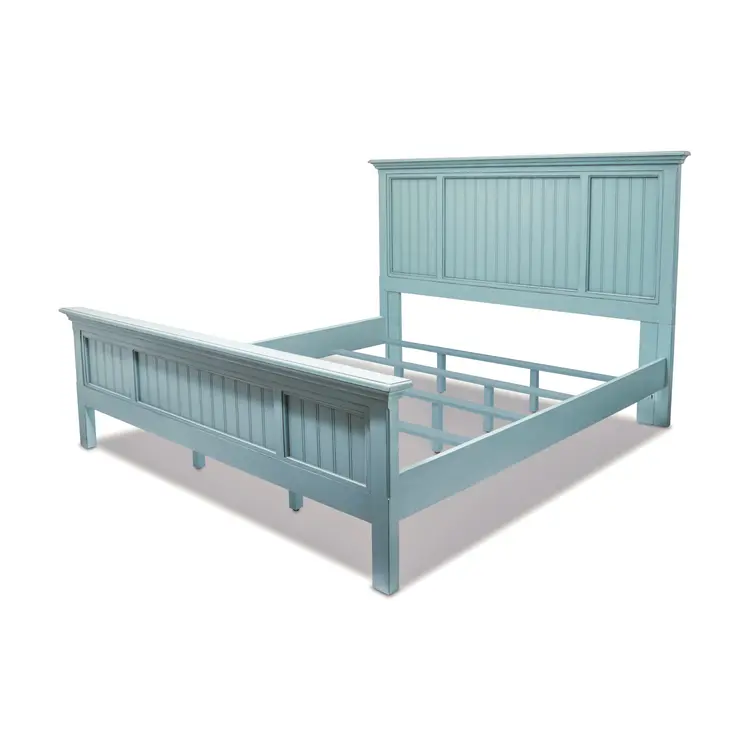 Aqua Blue Ribbed Texture Distressed Solid Wood Queen Bed Frame