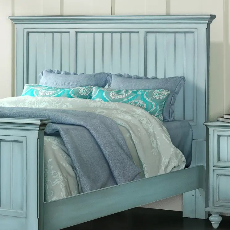 Blue Carved Geometric Distressed Solid Wood King Bed Frame
