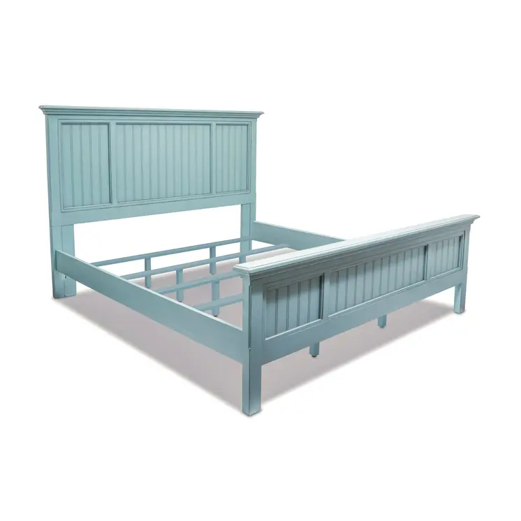 Blue Carved Geometric Distressed Solid Wood King Bed Frame
