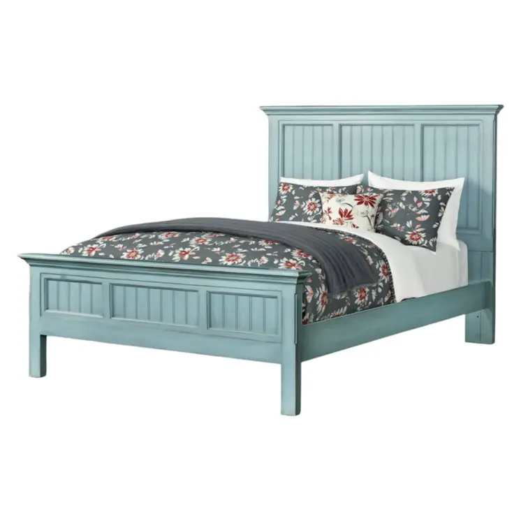 Blue Carved Geometric Distressed Solid Wood King Bed Frame