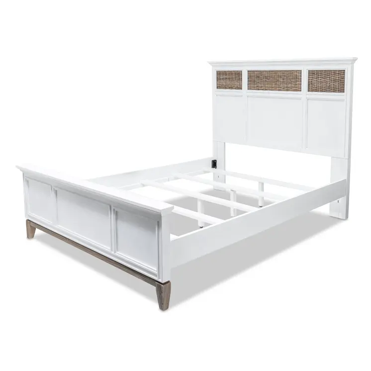 White and Brown Inlaid Panels Solid Wood Queen Bed Frame