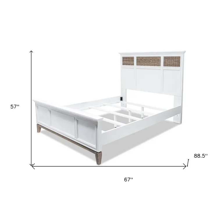White and Brown Inlaid Panels Solid Wood Queen Bed Frame