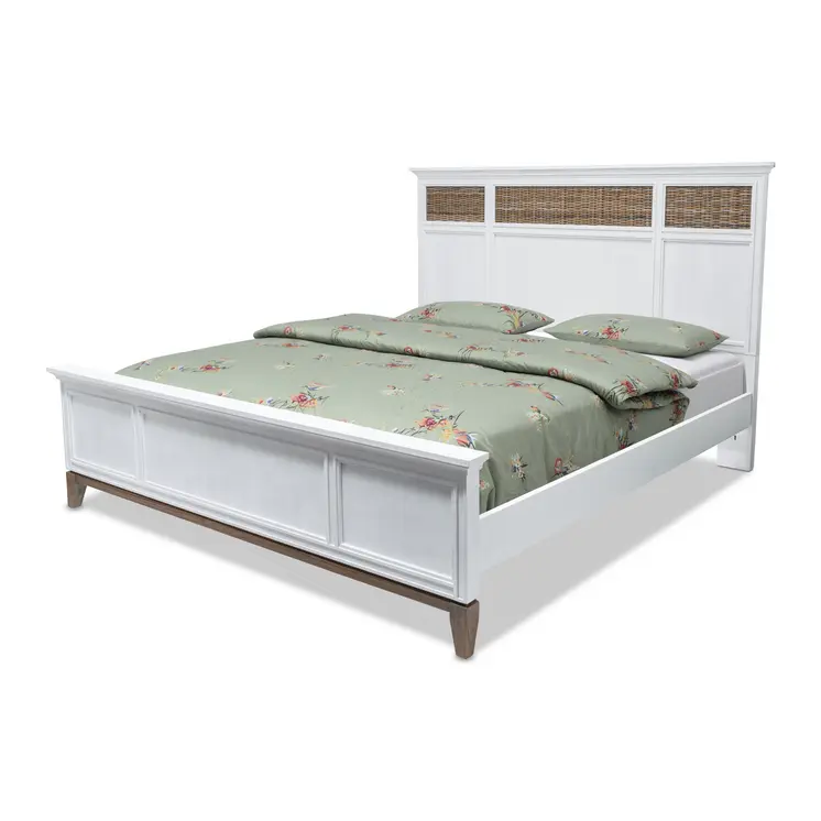 White Ribbed Texture Solid Wood King Bed Frame