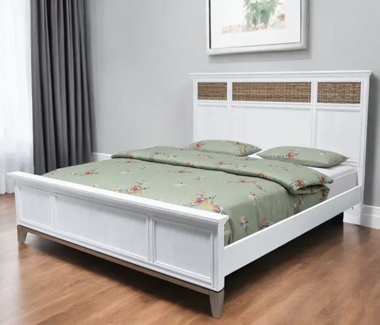 White Ribbed Texture Solid Wood King Bed Frame