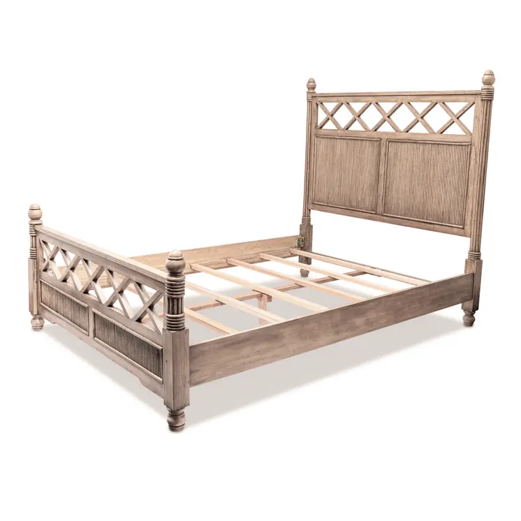 Natural Carved Geometric Solid Wood Queen Bed Frame