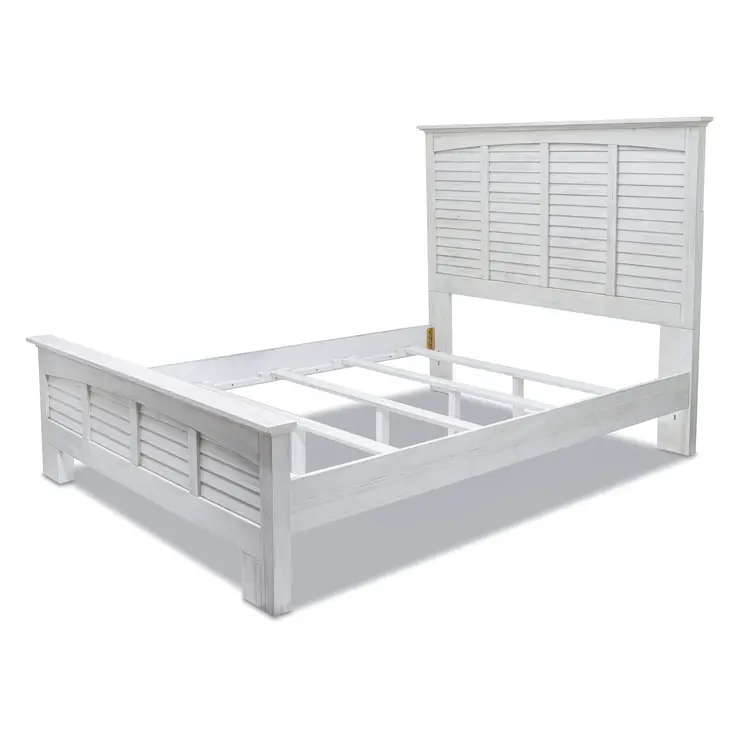White Plantation Shutter Distressed Solid Wood Queen Bed Frame