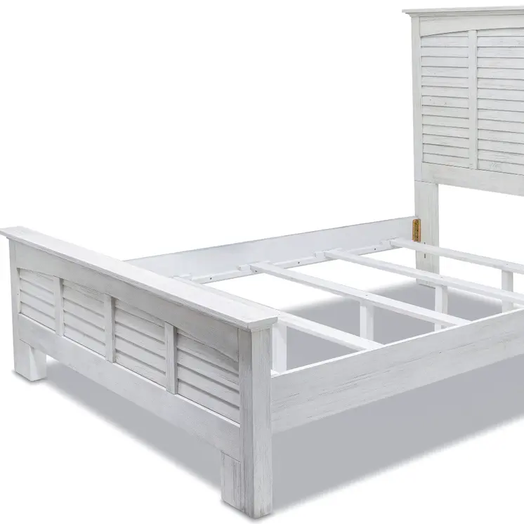 White Plantation Shutter Distressed Solid Wood Queen Bed Frame