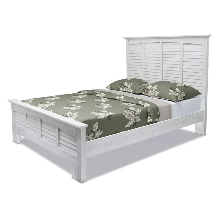 White Plantation Shutter Distressed Solid Wood Queen Bed Frame