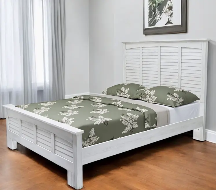 White Plantation Shutter Distressed Solid Wood Queen Bed Frame