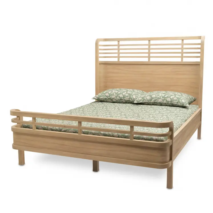 Brown Carved Geometric Solid Wood Queen Bed Frame