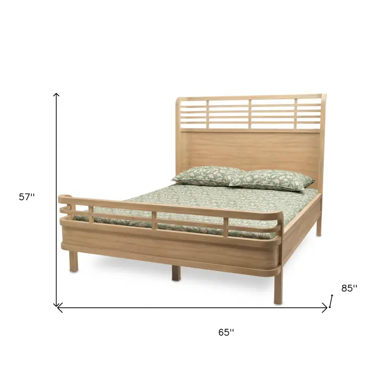 Brown Carved Geometric Solid Wood Queen Bed Frame
