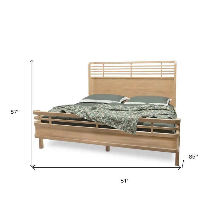 Brown Carved Geometric Solid Wood King Bed Frame