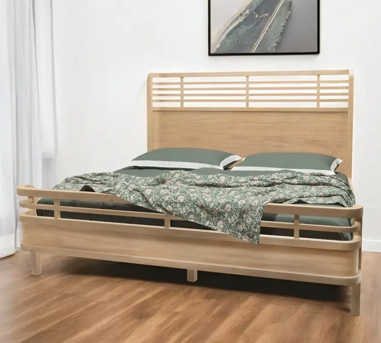 Brown Carved Geometric Solid Wood King Bed Frame