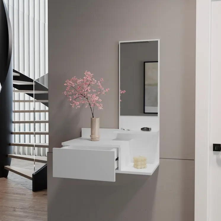 36" White Wood Wall Mounted Accent Cabinet With Drawer And Mirror
