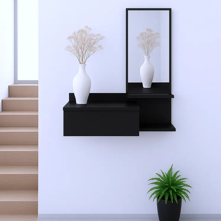 36" Black Wood Wall Mounted Accent Cabinet With Drawer And Mirror