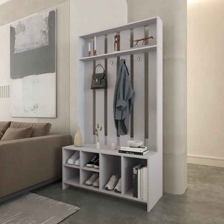 68" Gray Wood Four Hook Coat And Shoe Rack
