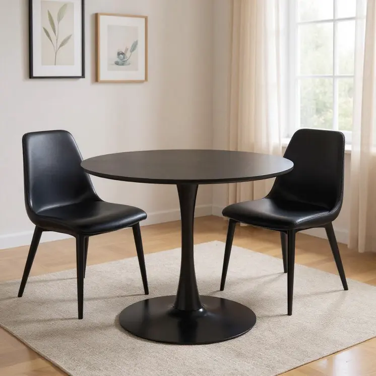 36" Black Wood and Steel Pedestal Base Round Top Dining Table