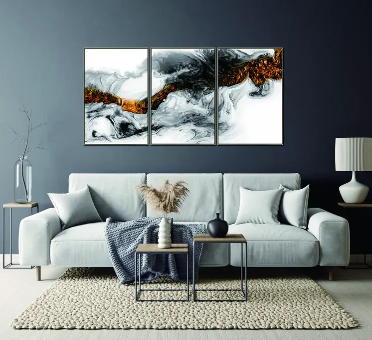 Set Of Three Black White and Gold Modern Abstract Gold Framed Wall Art