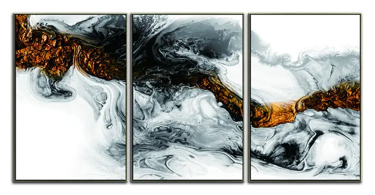 Set Of Three Black White and Gold Modern Abstract Gold Framed Wall Art