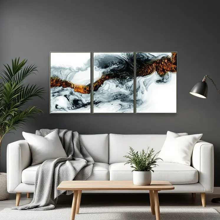 Set Of Three Black White and Gold Modern Abstract Gold Framed Wall Art