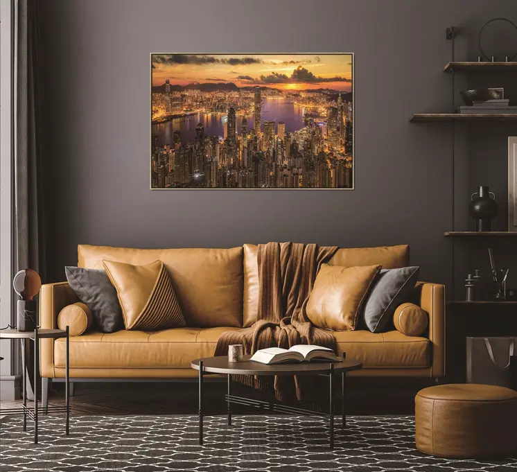 Victoria Harbor At Sunset Black Framed Wall Art