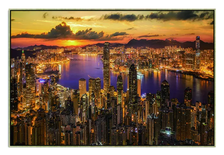 Victoria Harbor At Sunset Black Framed Wall Art