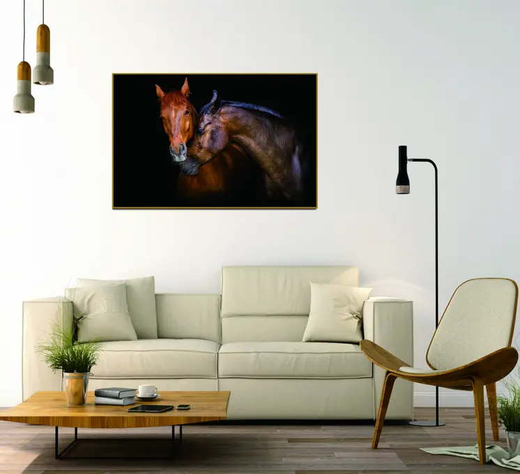 Black And Brown Two Horses Caressing Gold Framed Wall Art