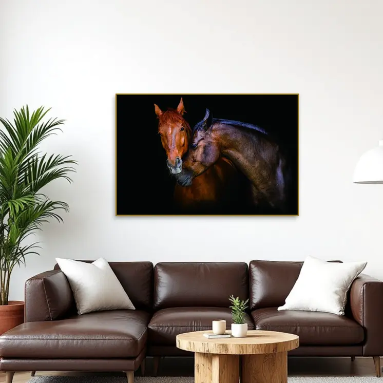 Black And Brown Two Horses Caressing Gold Framed Wall Art