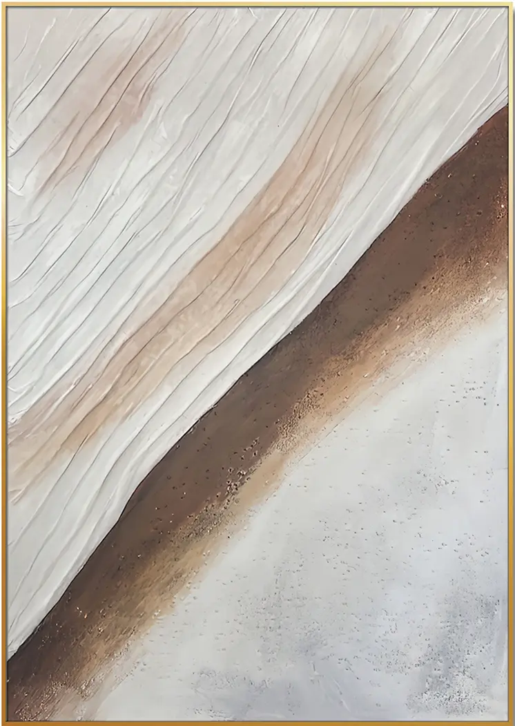 Beige White And Brown Modern Abstract Gold Framed Oil Painting Wall Art