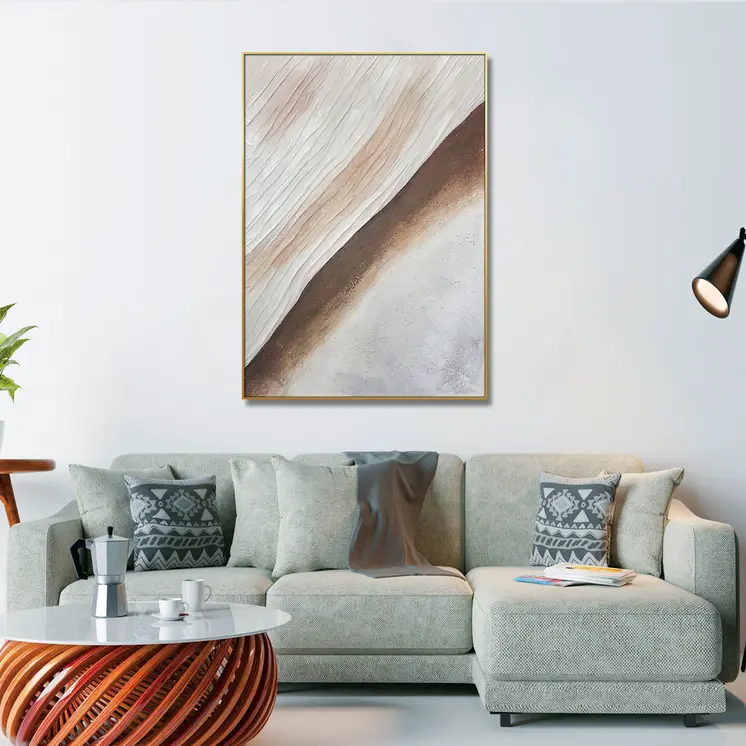Beige White And Brown Modern Abstract Gold Framed Oil Painting Wall Art