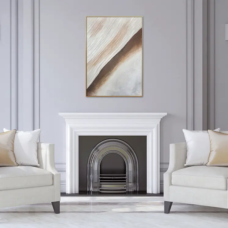 Beige White And Brown Modern Abstract Gold Framed Oil Painting Wall Art