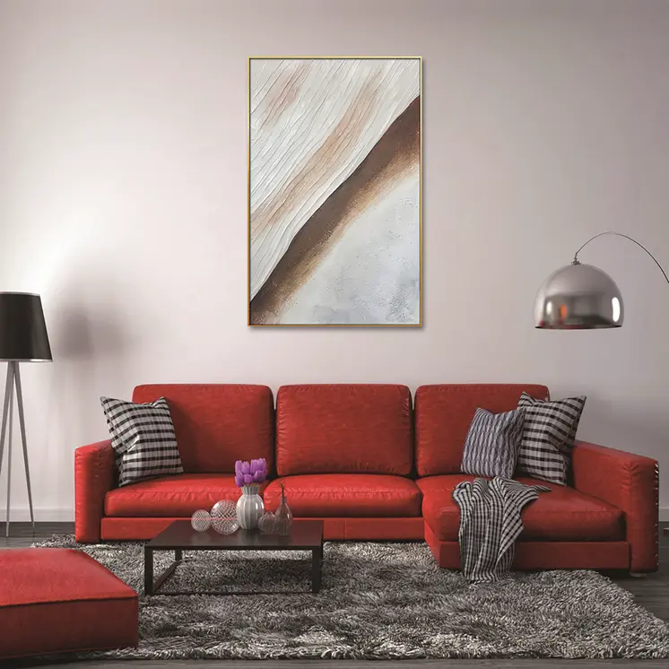 Beige White And Brown Modern Abstract Gold Framed Oil Painting Wall Art