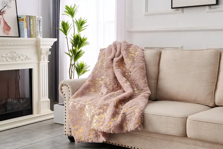 50" X 60" Pink And Gold Abstract Faux Fur Plush Throw Blanket