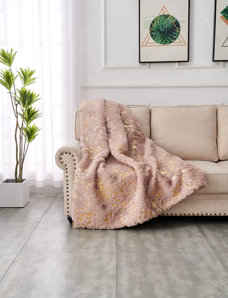 50" X 60" Pink And Gold Abstract Faux Fur Plush Throw Blanket