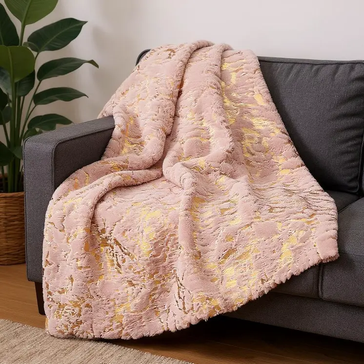 50" X 60" Pink And Gold Abstract Faux Fur Plush Throw Blanket