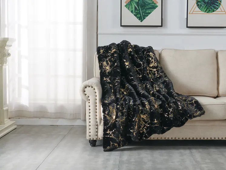 50" X 60" Black And Gold Abstract Faux Fur Plush Throw Blanket