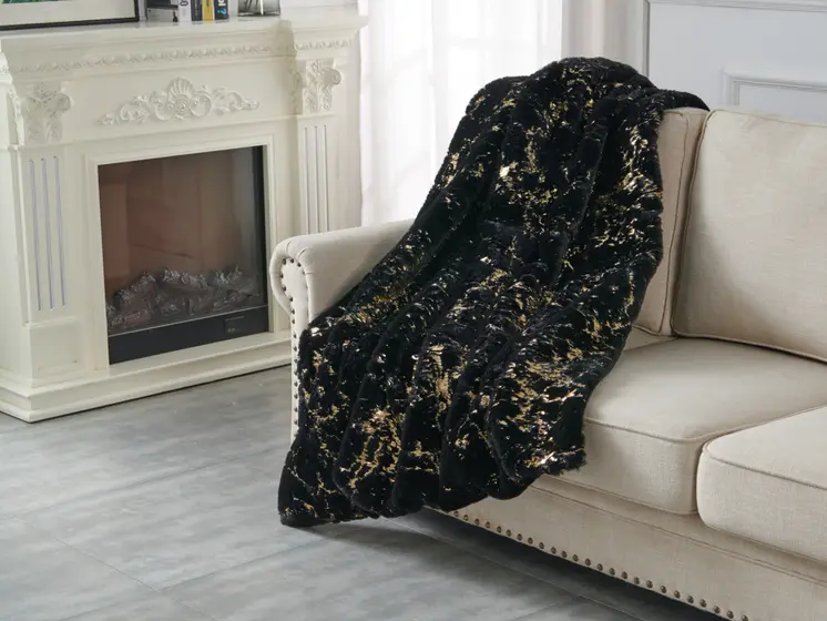50" X 60" Black And Gold Abstract Faux Fur Plush Throw Blanket