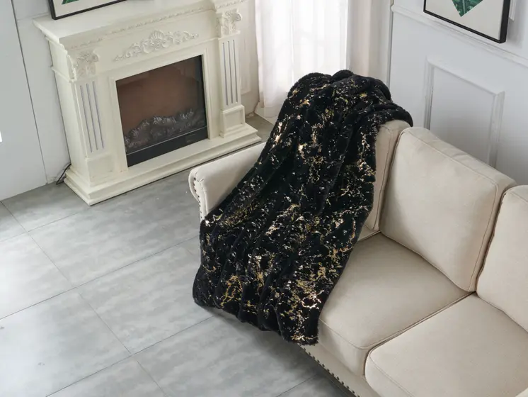 50" X 60" Black And Gold Abstract Faux Fur Plush Throw Blanket