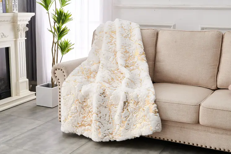 60" X 80" White And Gold Abstract Faux Fur Plush Throw Blanket