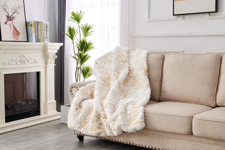 60" X 80" White And Gold Abstract Faux Fur Plush Throw Blanket